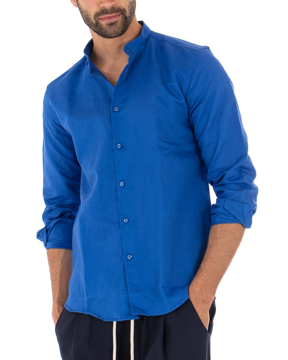 Camicia Uomo Collo Coreano Manica Lunga Lino Tinta Unita Sartoriale Blu Royal GIOSAL-C1938A