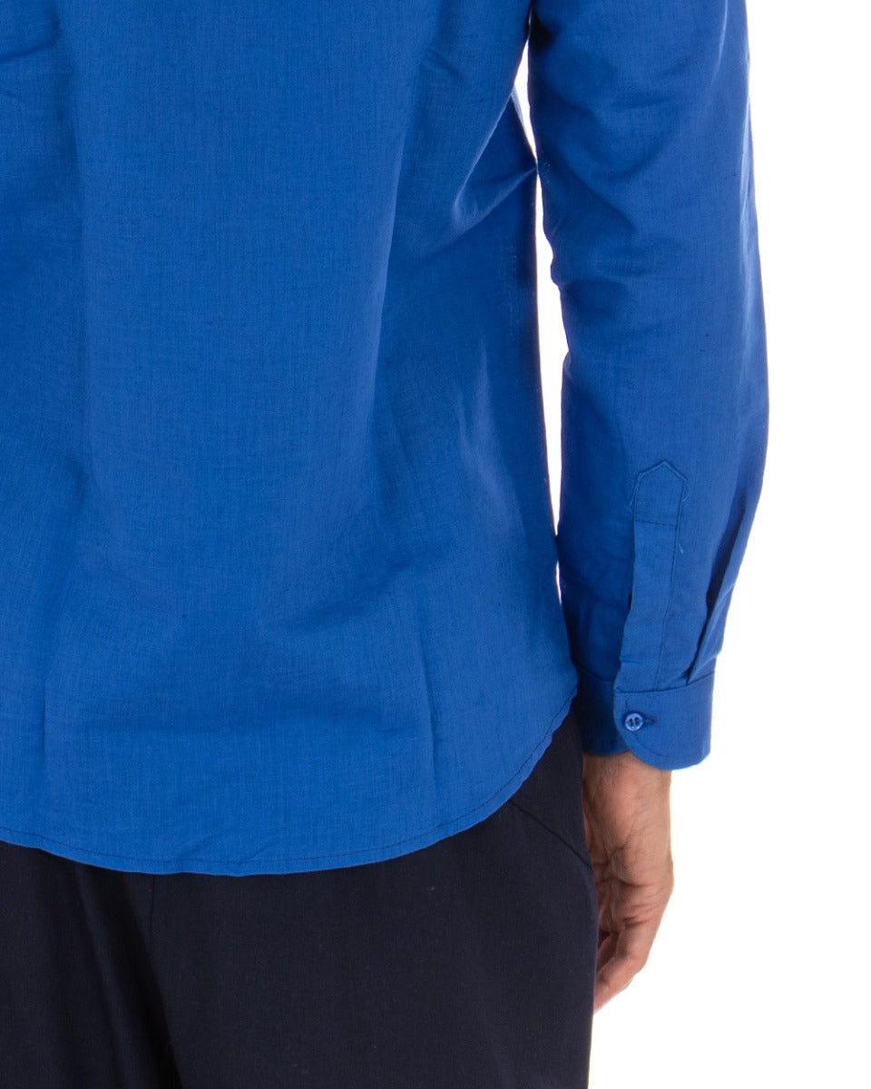 Camicia Uomo Collo Coreano Manica Lunga Lino Tinta Unita Sartoriale Blu Royal GIOSAL-C1938A