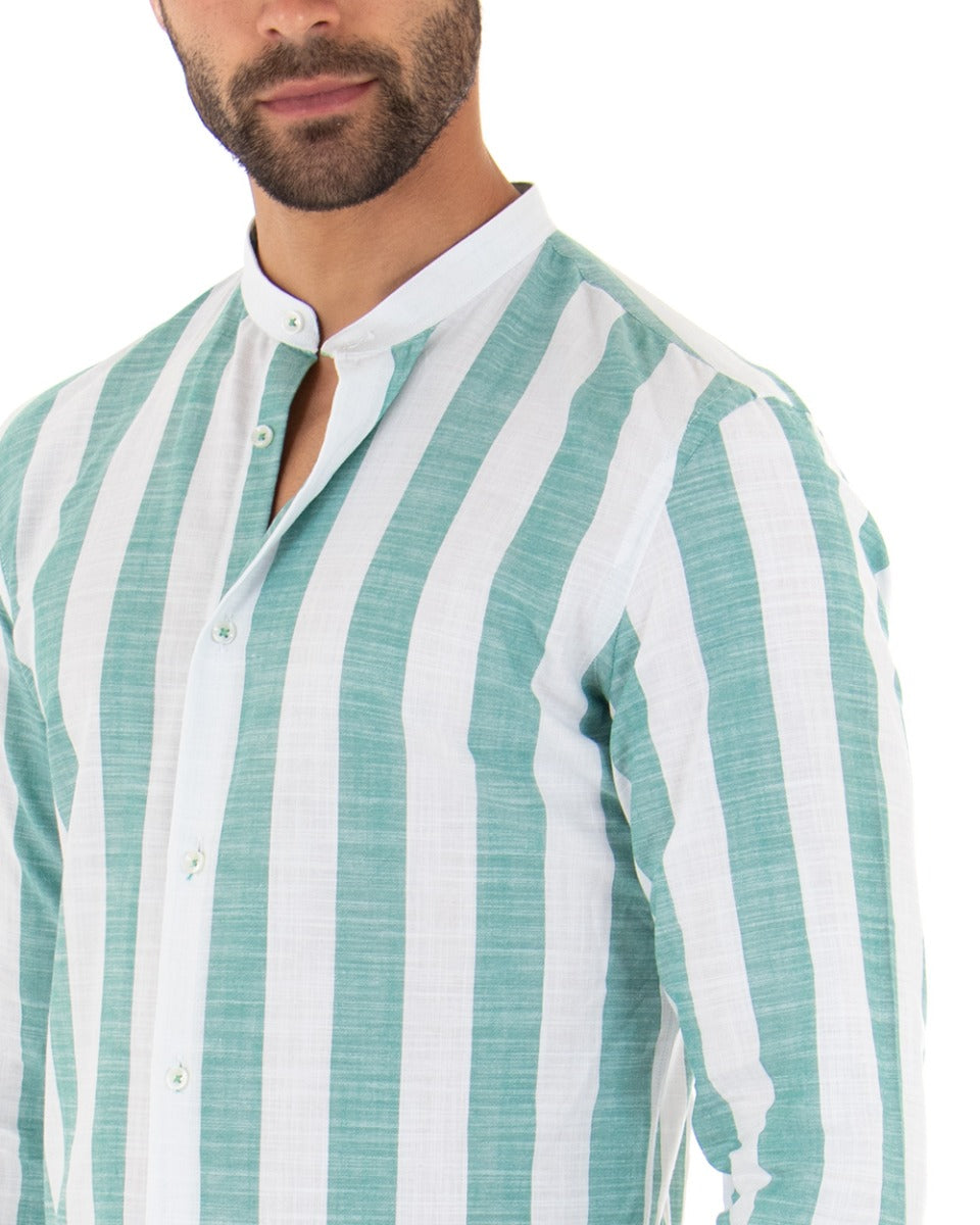 Men's Mandarin Collar Shirt Long Sleeve Tailored Striped Linen Water Green White GIOSAL-C1982A
