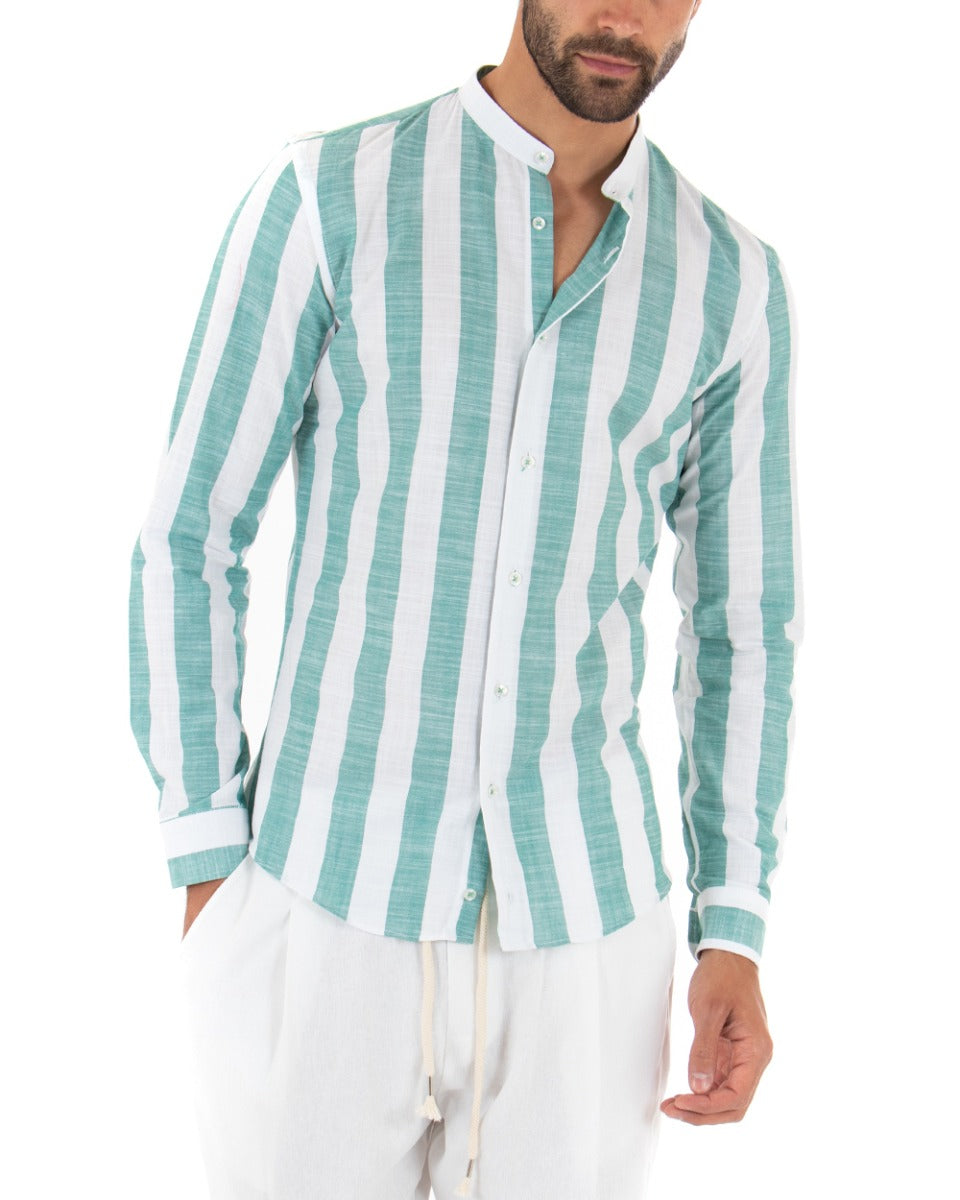Men's Mandarin Collar Shirt Long Sleeve Tailored Striped Linen Water Green White GIOSAL-C1982A