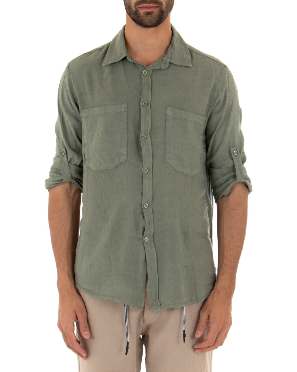 Men's Shirt With Collar Long Sleeve Linen Solid Color Military Green GIOSAL-C1988A
