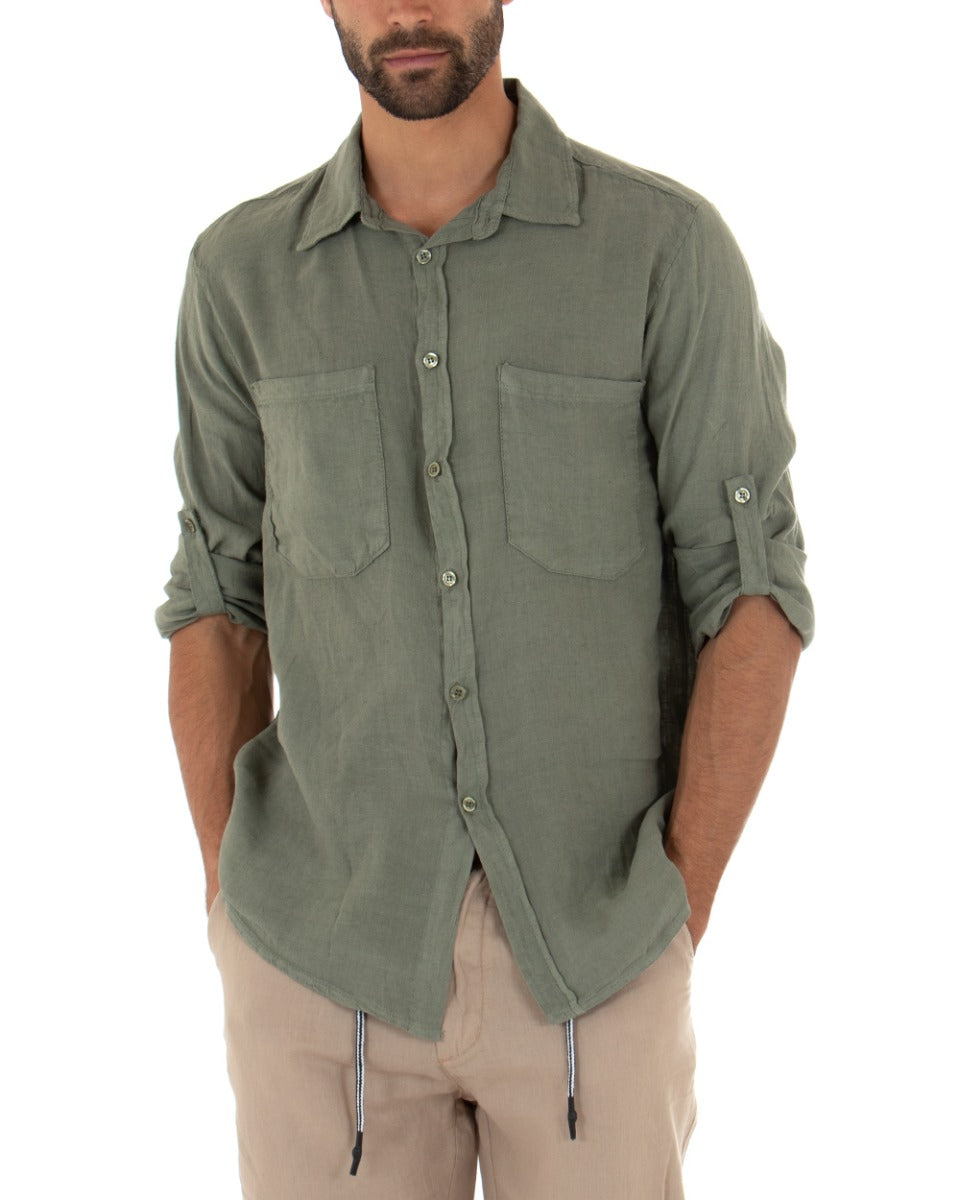Men's Shirt With Collar Long Sleeve Linen Solid Color Military Green GIOSAL-C1988A