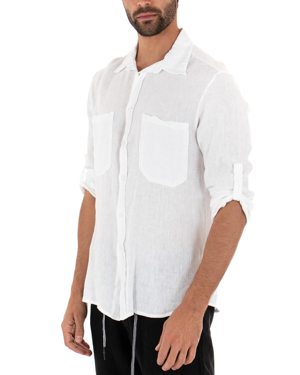 Camicia Uomo Con Colletto Manica Lunga Lino Tinta Unita Bianco GIOSAL-C1991A