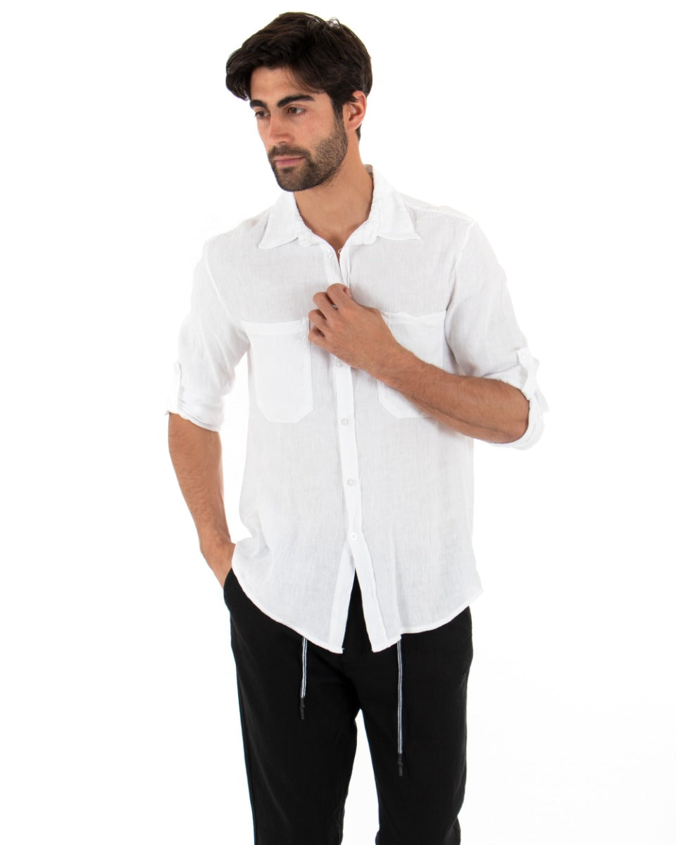 Men's Shirt With Collar Long Sleeve Linen Solid Color White GIOSAL-C1991A