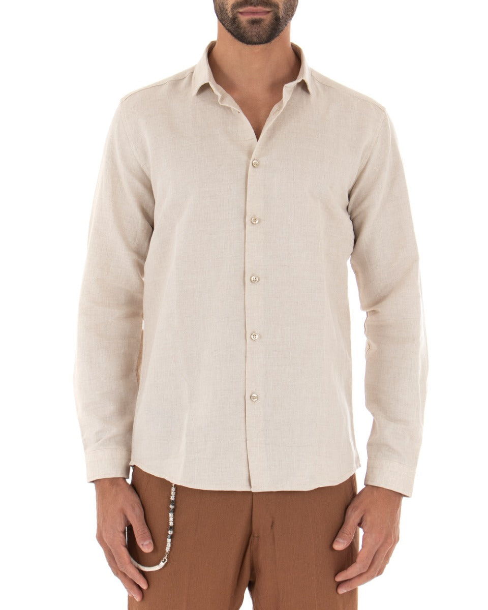 Camicia Uomo Con Colletto Francese Manica Lunga Lino Tinta Unita Sartoriale Beige GIOSAL-C1993A