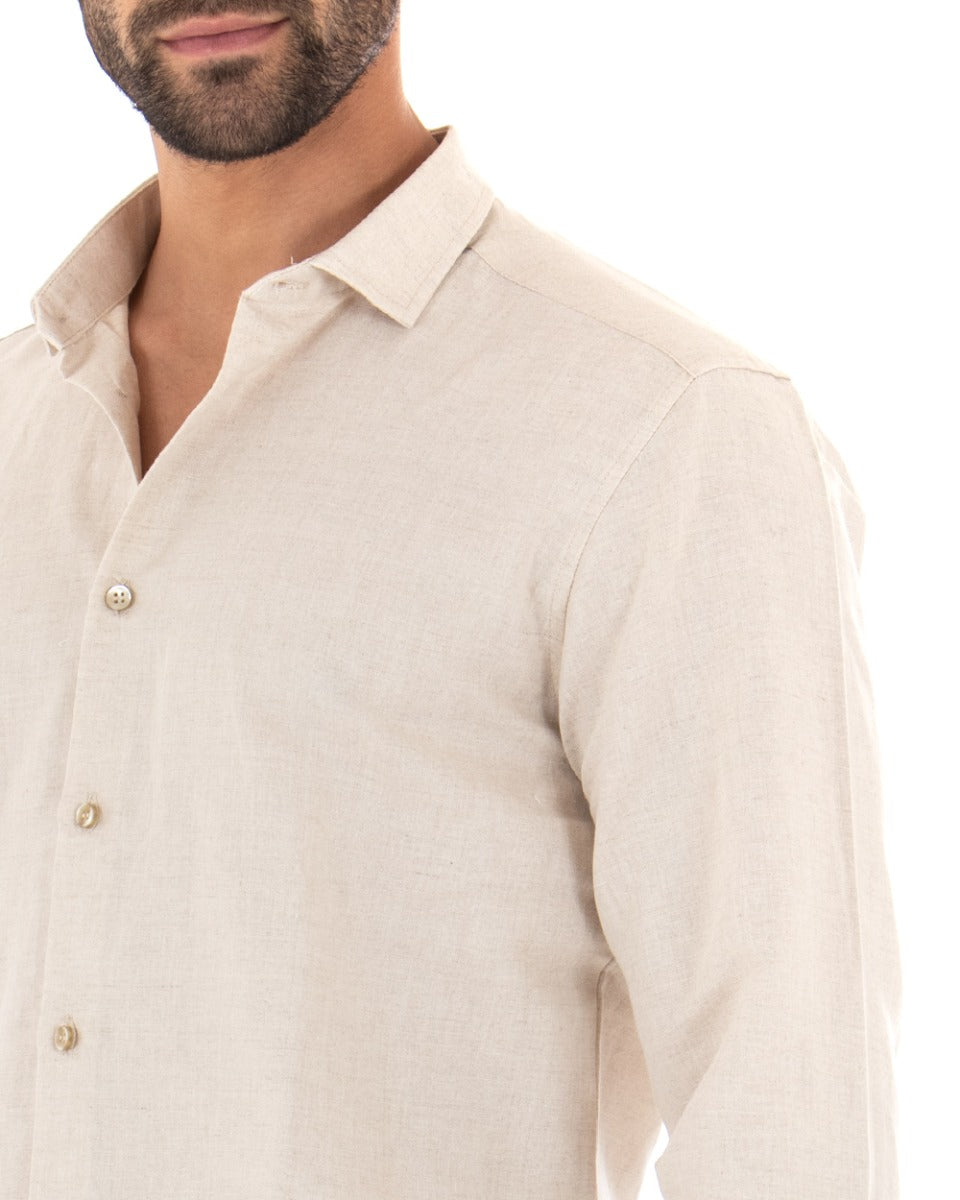 Camicia Uomo Con Colletto Francese Manica Lunga Lino Tinta Unita Sartoriale Beige GIOSAL-C1993A