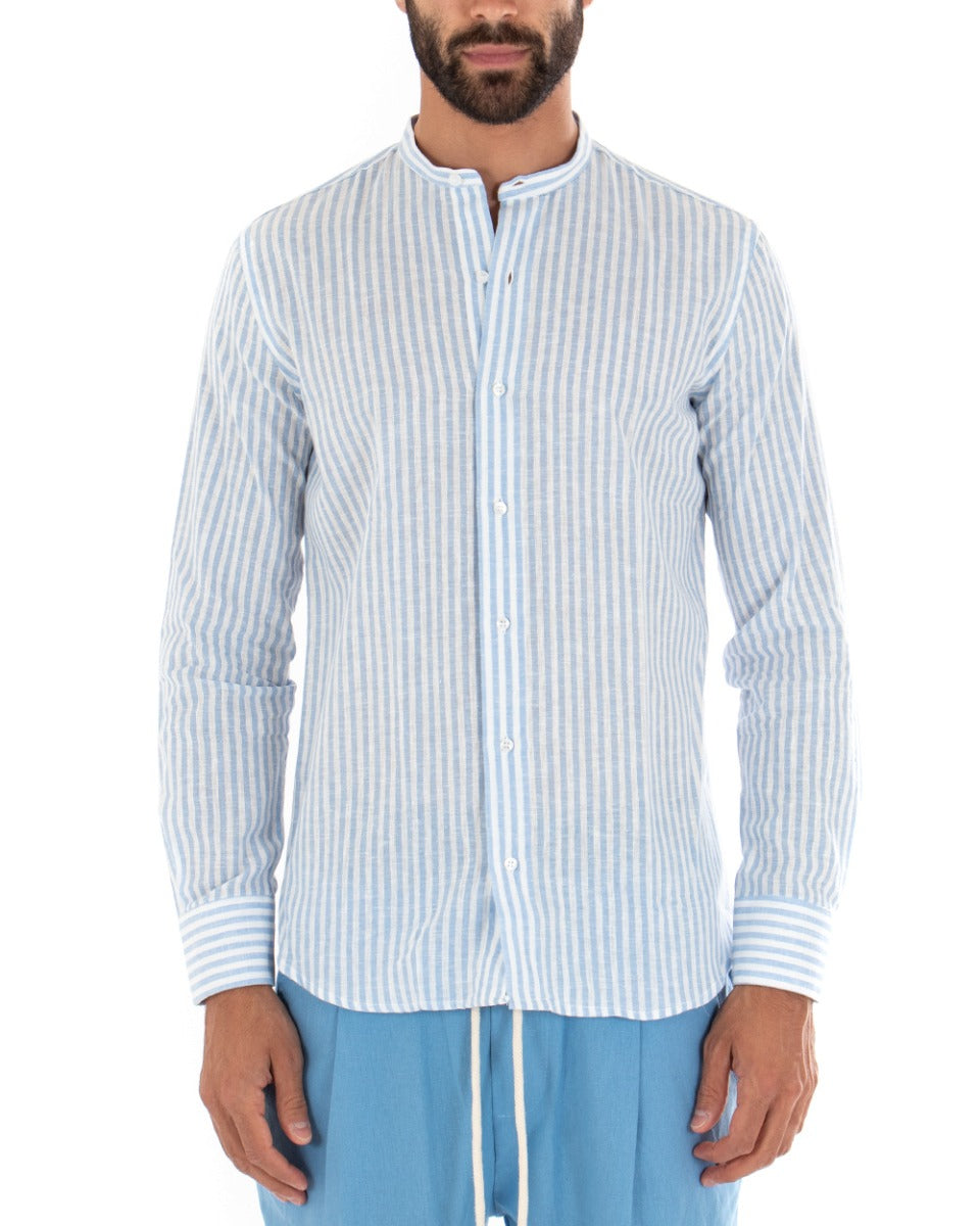 Men's Shirt Thin Stripe Korean Collar Long Sleeve Tailored Linen Light Blue GIOSAL-C2014A