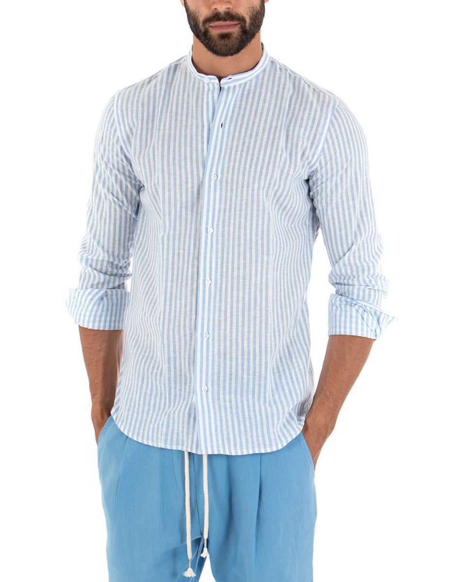 Men's Shirt Thin Stripe Korean Collar Long Sleeve Tailored Linen Light Blue GIOSAL-C2014A