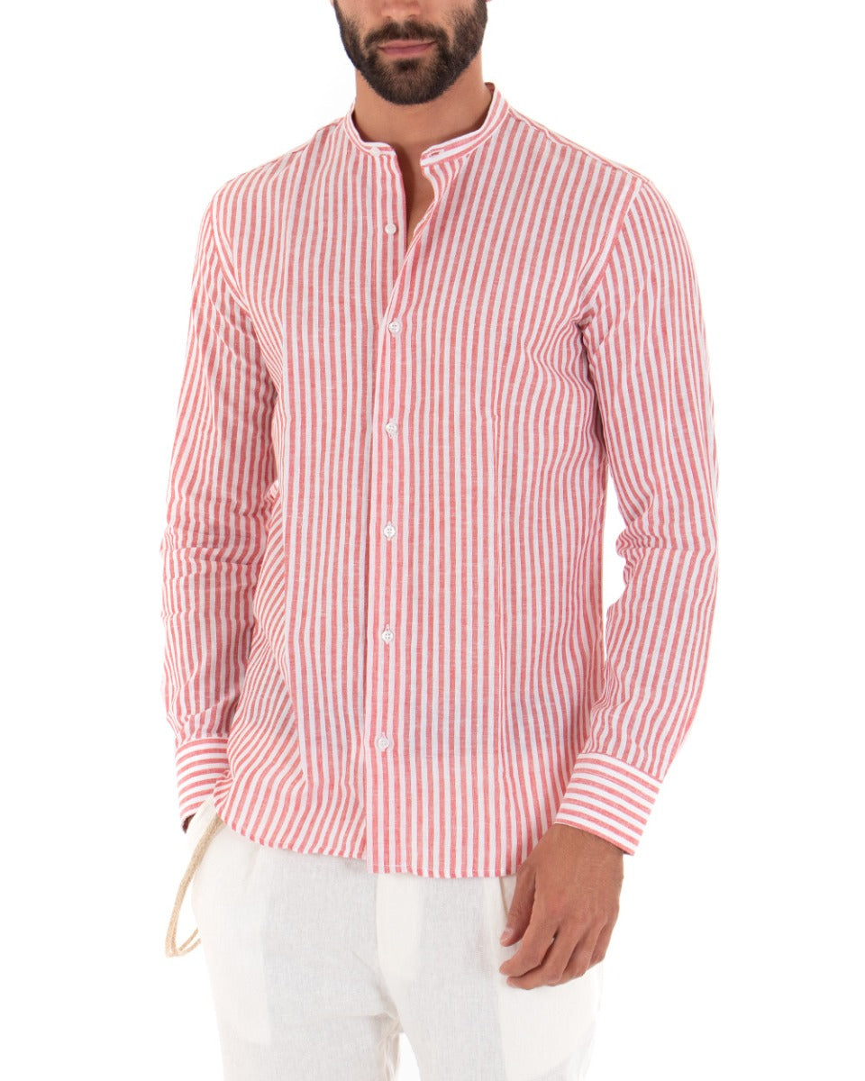 Men's Shirt Thin Stripe Mandarin Collar Long Sleeve Tailored Linen Red GIOSAL-C2015A