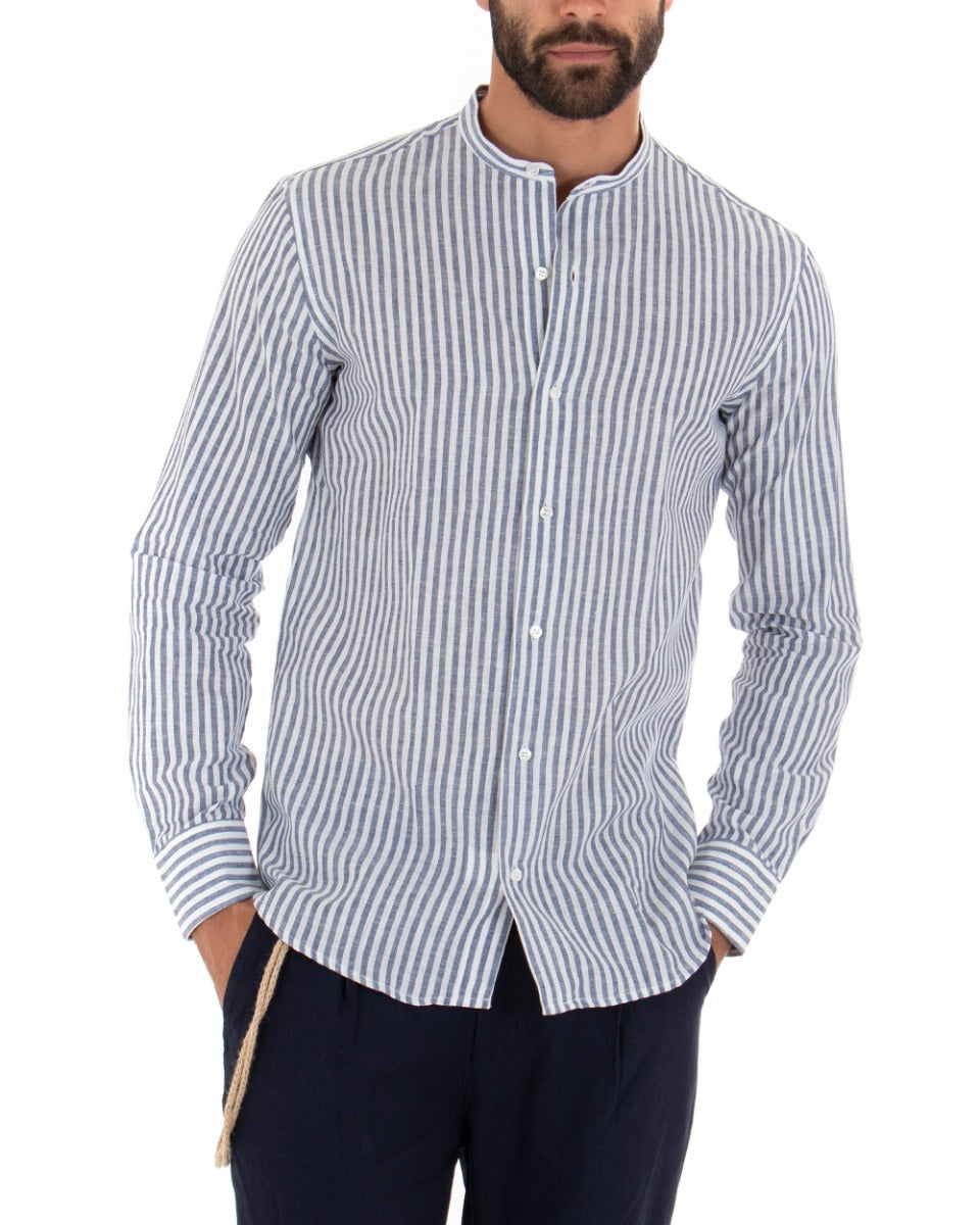 Men's Shirt Thin Stripe Korean Collar Long Sleeve Tailored Linen Blue GIOSAL-C2016A