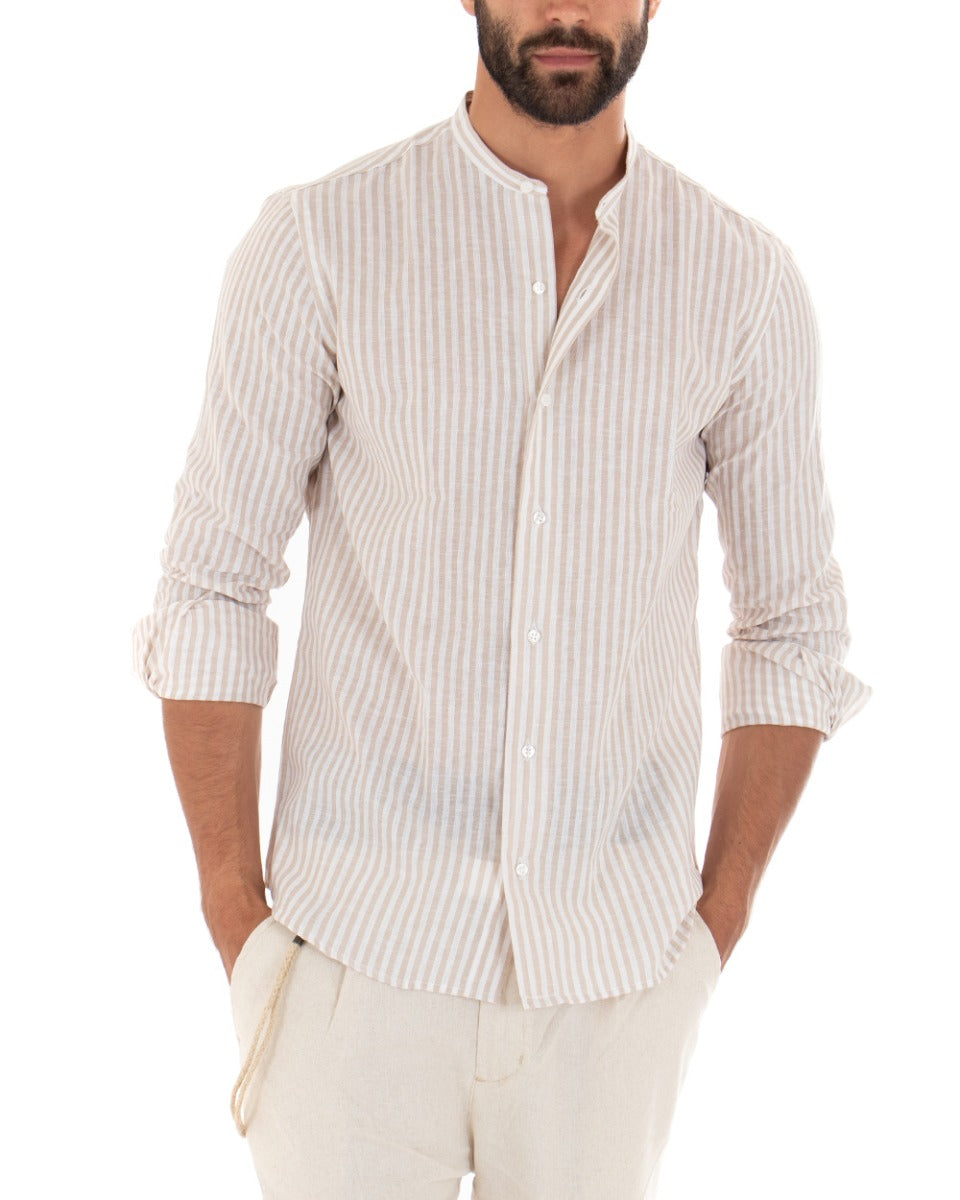 Men's Shirt Thin Stripe Korean Collar Long Sleeve Tailored Linen Beige GIOSAL-C2017A