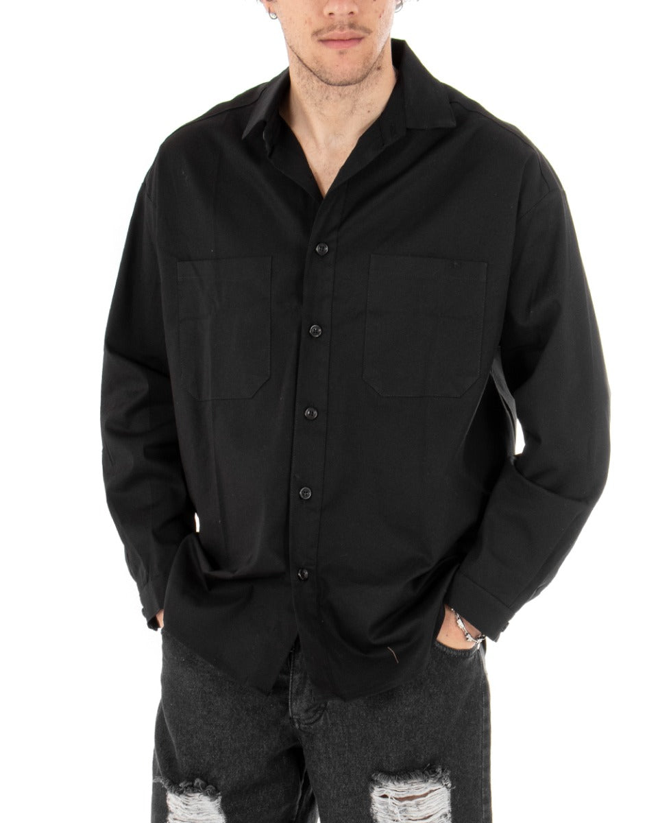 Men's Shirt With Collar Long Sleeve Casual Black Cotton GIOSAL-C2019A