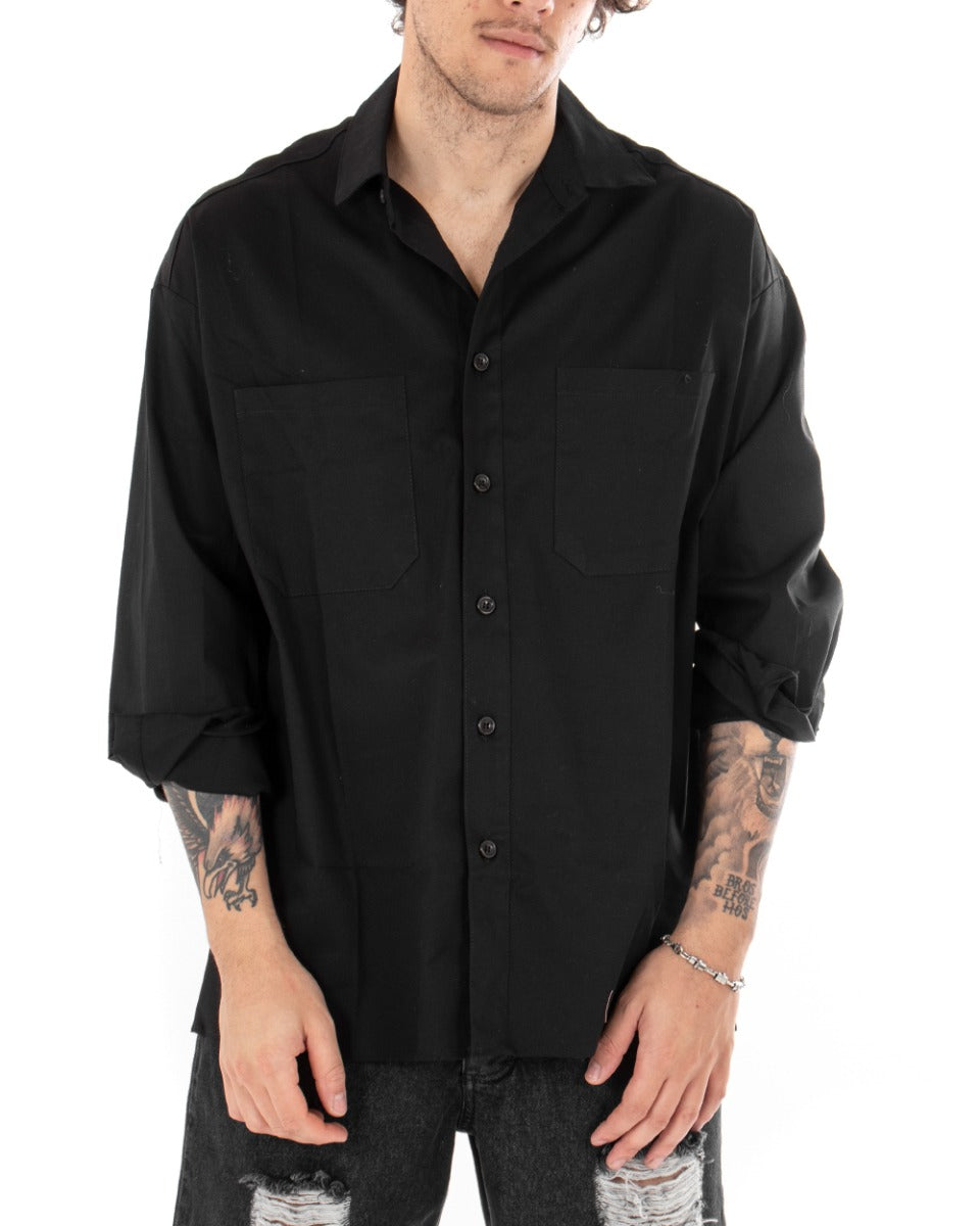 Men's Shirt With Collar Long Sleeve Casual Black Cotton GIOSAL-C2019A