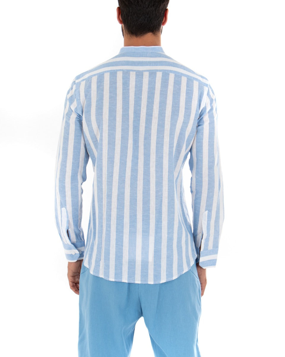 Men's Shirt Wide Stripe Korean Collar Long Sleeve Tailored Linen Light Blue GIOSAL-C2020A