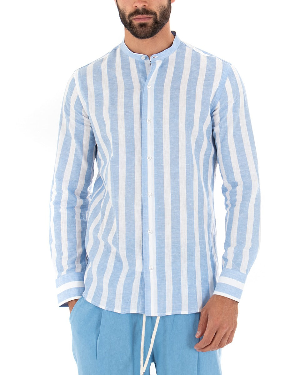 Men's Shirt Wide Stripe Korean Collar Long Sleeve Tailored Linen Light Blue GIOSAL-C2020A