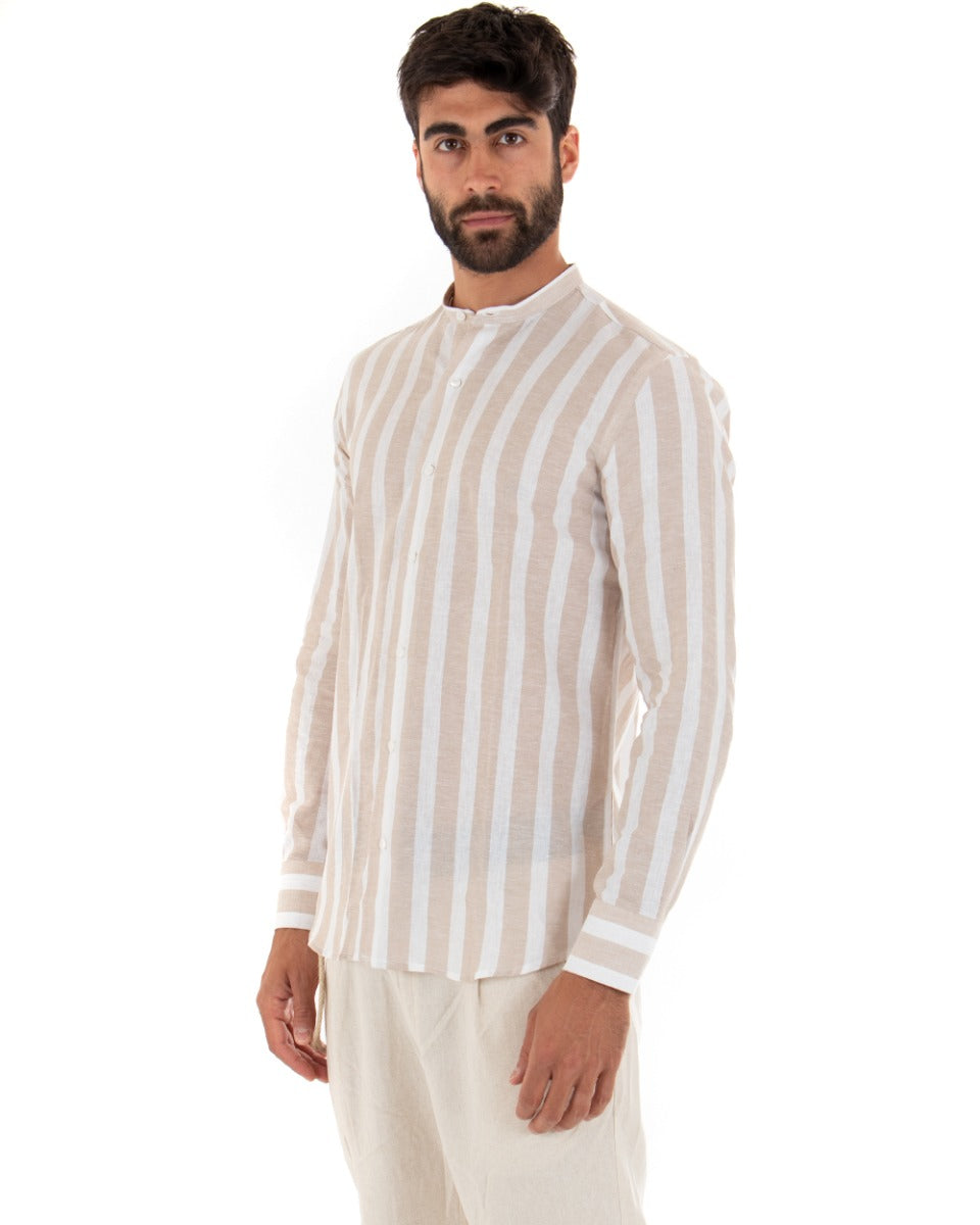 Men's Shirt Wide Stripe Korean Collar Long Sleeve Tailored Linen Beige GIOSAL-C2021A