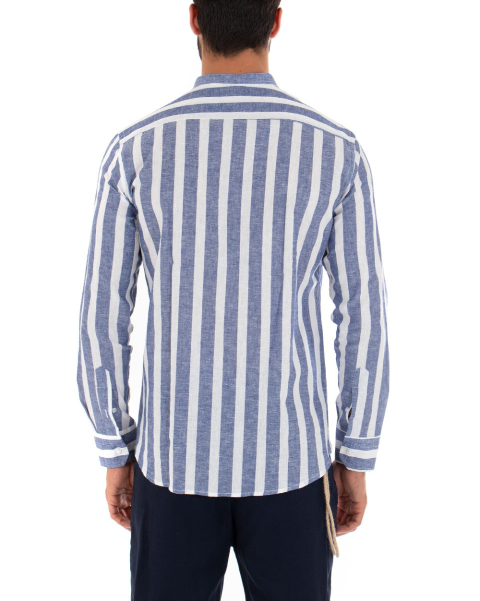 Camicia Uomo Riga Larga Collo Coreano Manica Lunga Lino Sartoriale Blu GIOSAL-C2022A