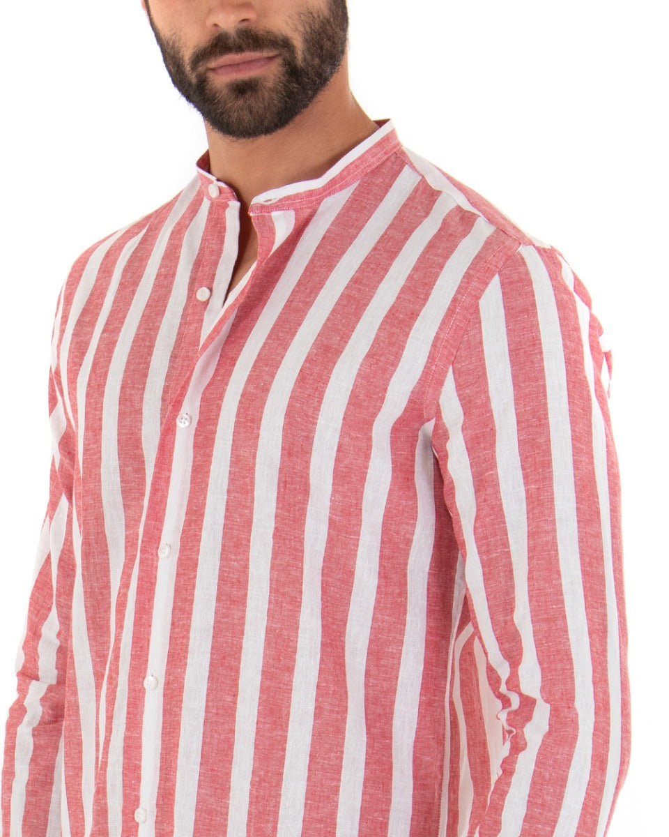 Men's Shirt Wide Stripe Korean Collar Long Sleeve Tailored Linen Red GIOSAL-C2023A