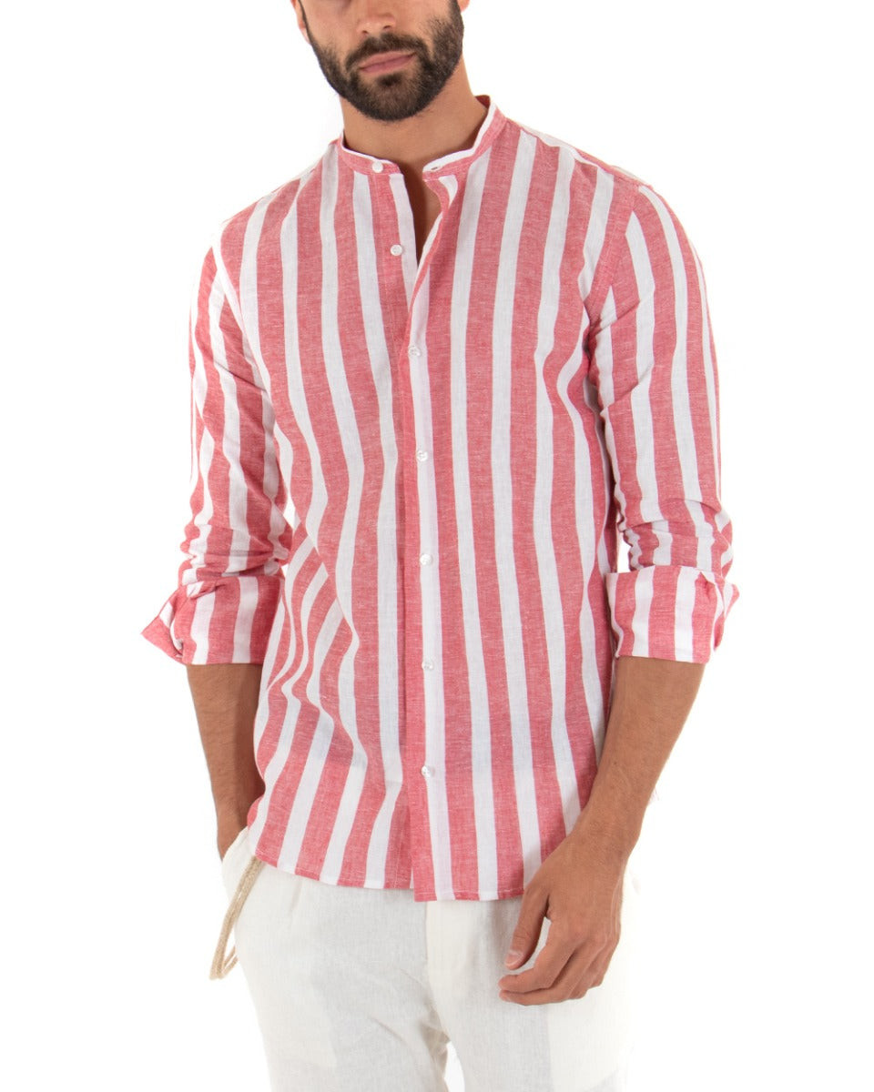 Men's Shirt Wide Stripe Korean Collar Long Sleeve Tailored Linen Red GIOSAL-C2023A