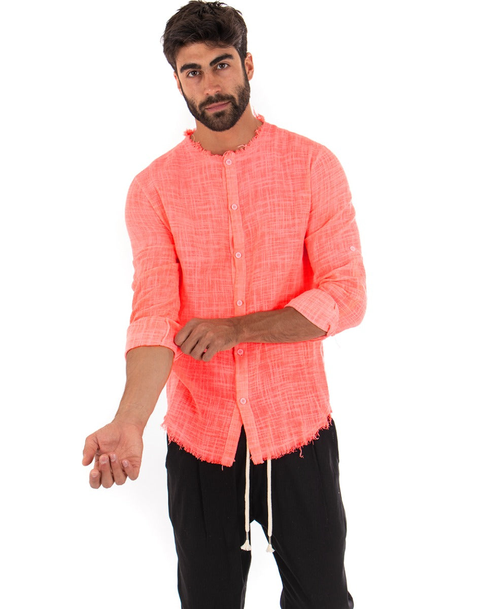 Men's Shirt Mandarin Collar Frayed Long Sleeve Cotton Linen Coral GIOSAL-C2024A
