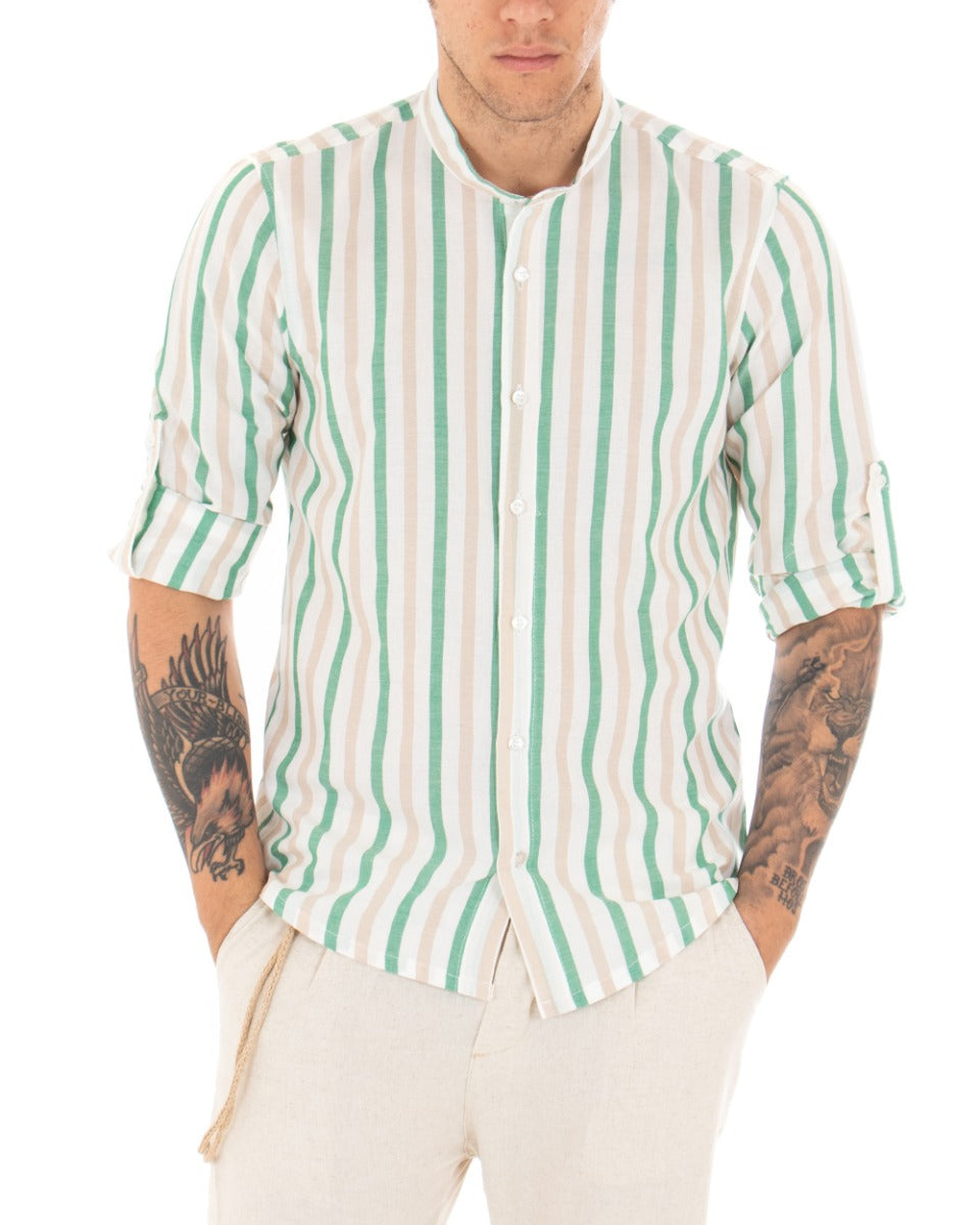 Men's Shirt Korean Collar Long Sleeve Striped Viscose Green GIOSAL-C2047A