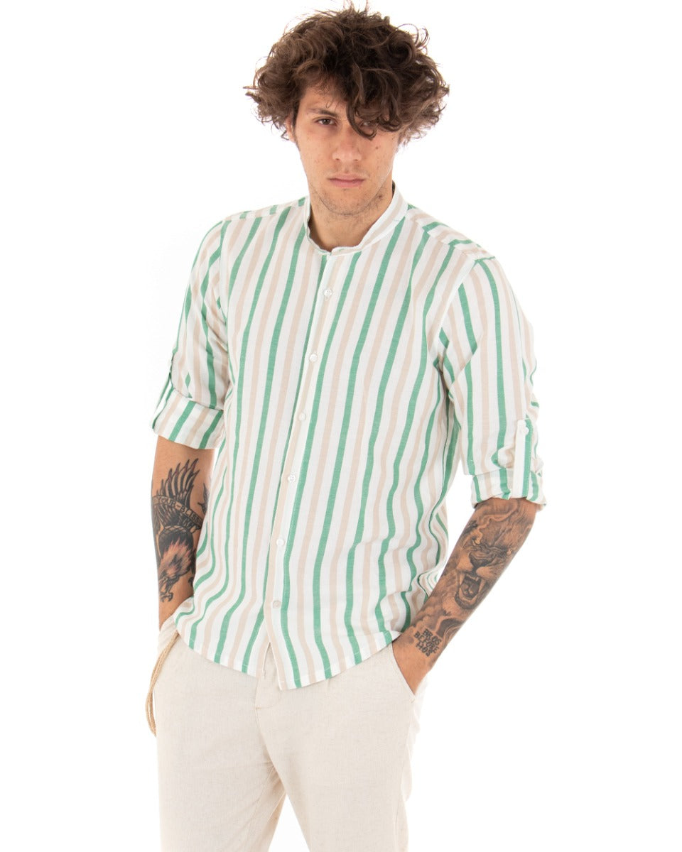 Camicia Uomo Collo Coreano Manica Lunga Viscosa Rigata Verde GIOSAL-C2047A