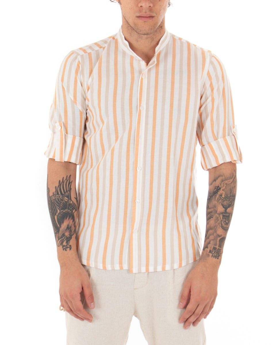 Men's Mandarin Collar Shirt Long Sleeve Striped Viscose Orange GIOSAL-C2049A