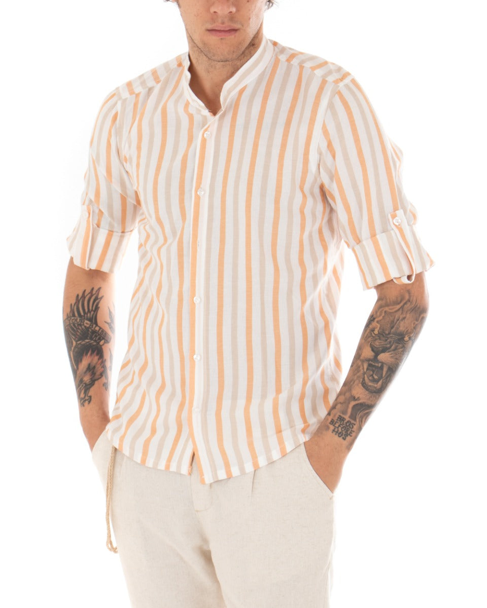 Men's Mandarin Collar Shirt Long Sleeve Striped Viscose Orange GIOSAL-C2049A