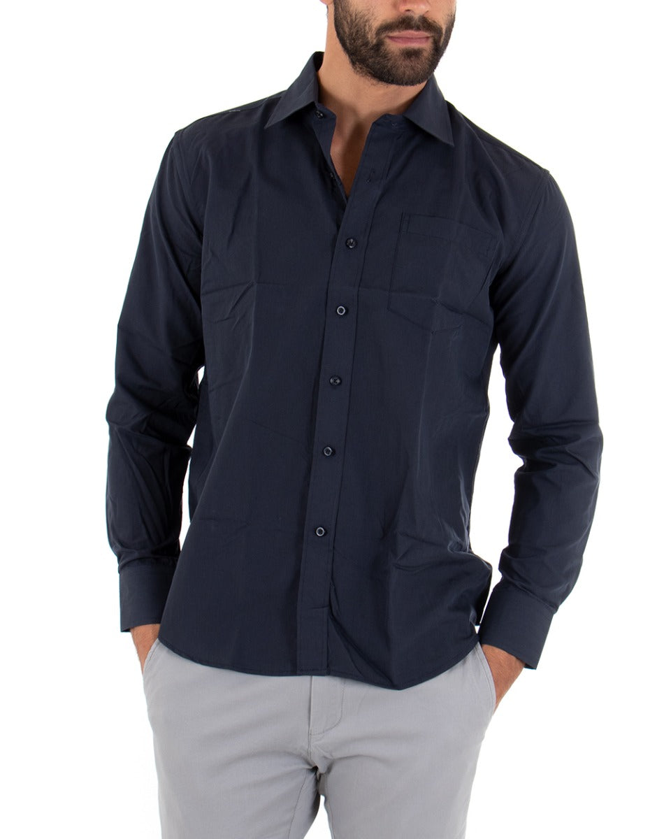 Men's Shirt With Classic Long Sleeve Collar With Pocket Basic Regular Fit Blue GIOSAL-C2050A