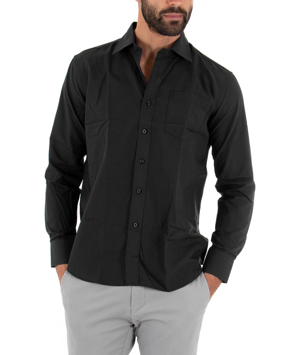 Men's Shirt With Classic Long Sleeve Collar With Pocket Basic Regular Fit Black GIOSAL-C2051A