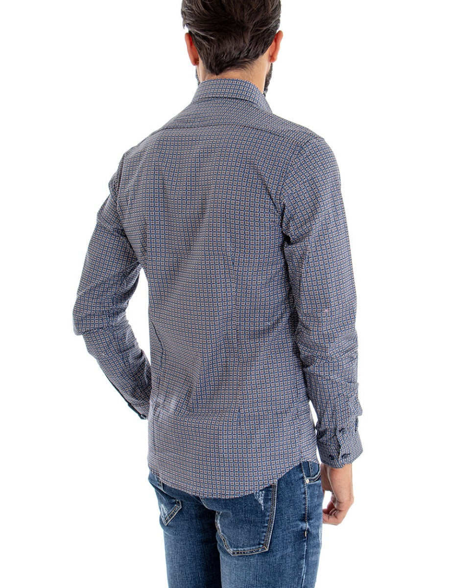 Camicia Uomo Con Colletto Manica Lunga Slim Fit Micro Fantasia Blu GIOSAL-C2084A