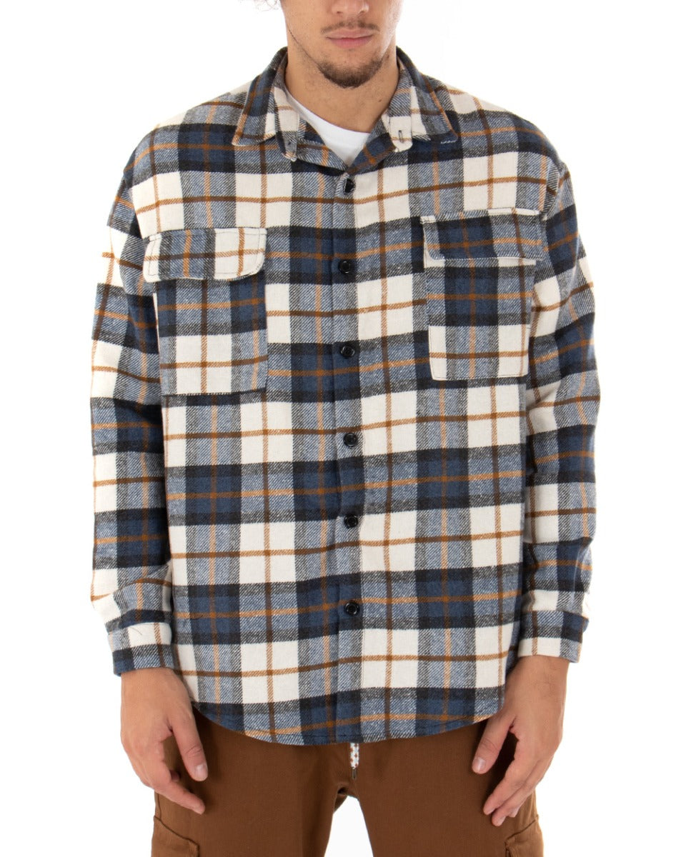 Men's Shirt With Collar Long Sleeve Shirt Jacket Blue Check Pattern GIOSAL-C2303A