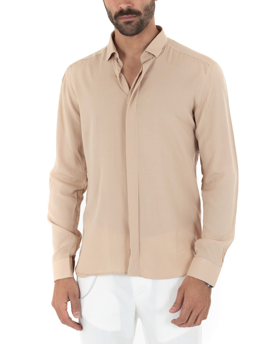 Men's Shirt With Collar Long Sleeve Soft Comfortable Viscose Beige GIOSAL-C2326A
