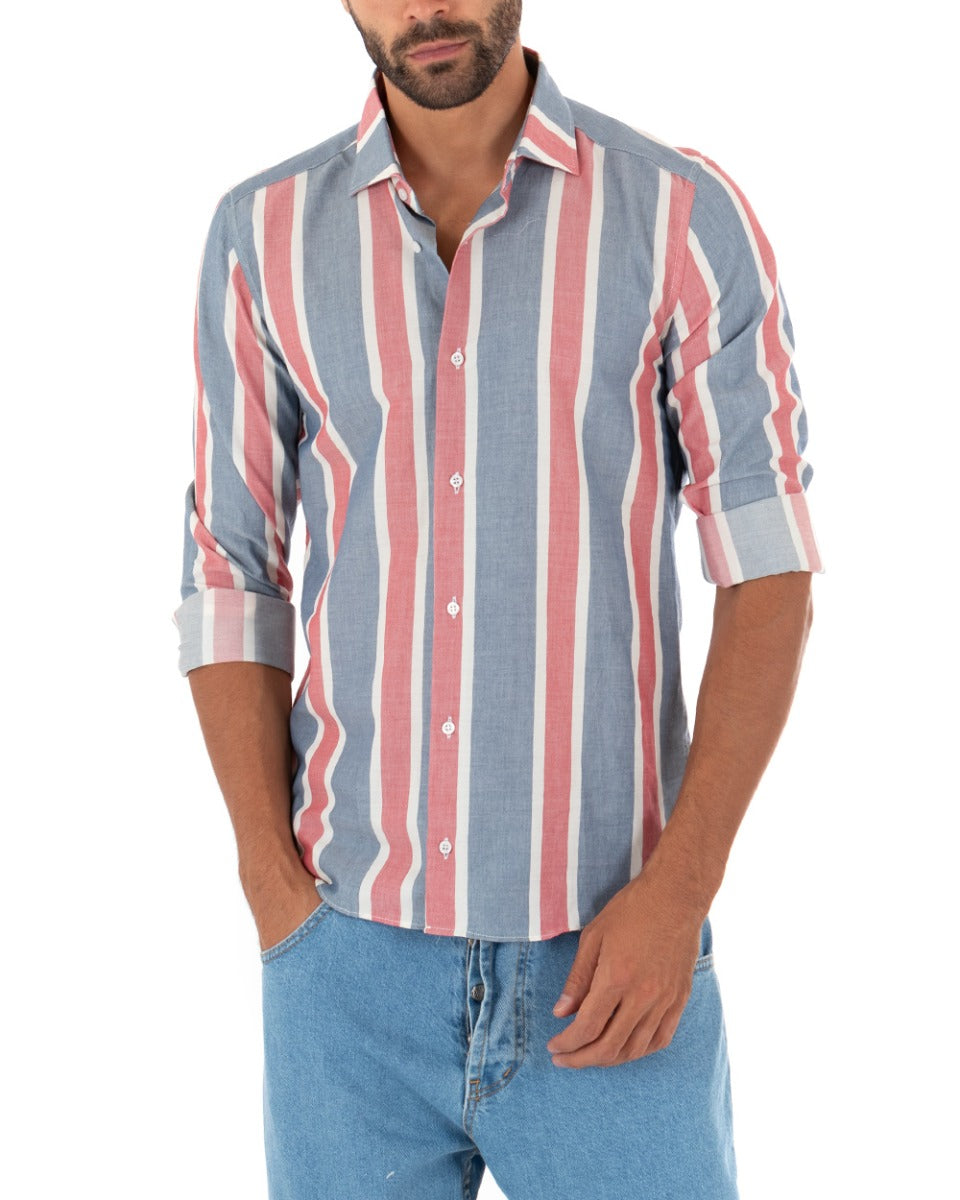 Men's Shirt With Collar Long Sleeves Striped Cotton Blue GIOSAL-C2335A
