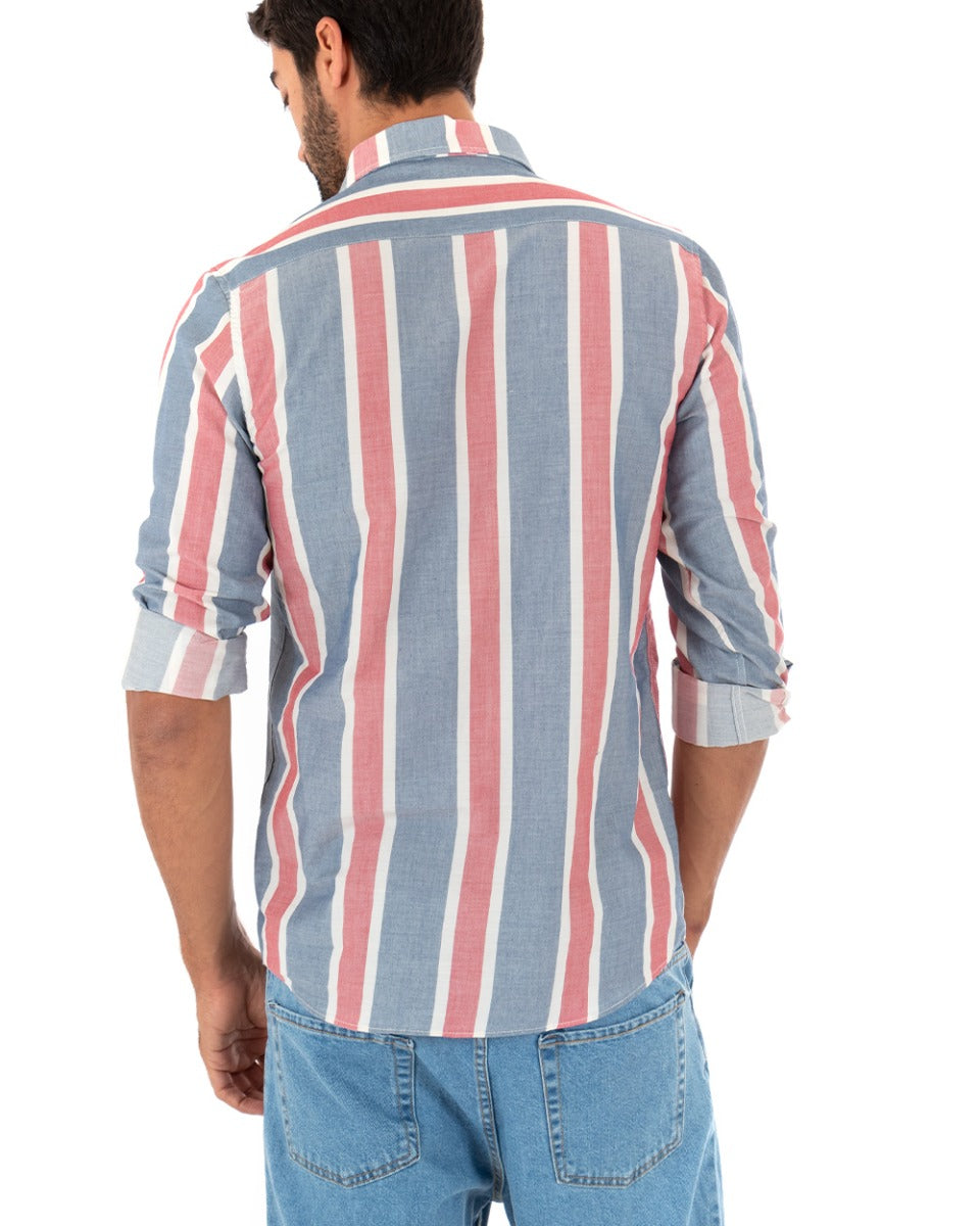 Camicia Uomo Con Colletto Manica Lunga Cotone Rigata Blu GIOSAL-C2335A