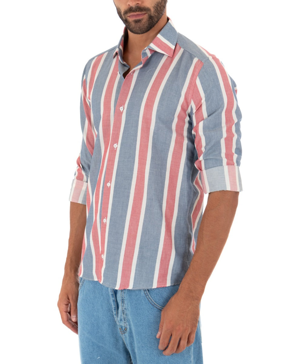 Camicia Uomo Con Colletto Manica Lunga Cotone Rigata Blu GIOSAL-C2335A