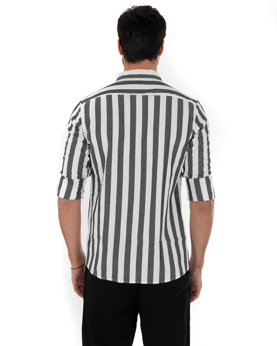 Men's Mandarin Collar Long Sleeve Striped Cotton Shirt Black GIOSAL-C2337A