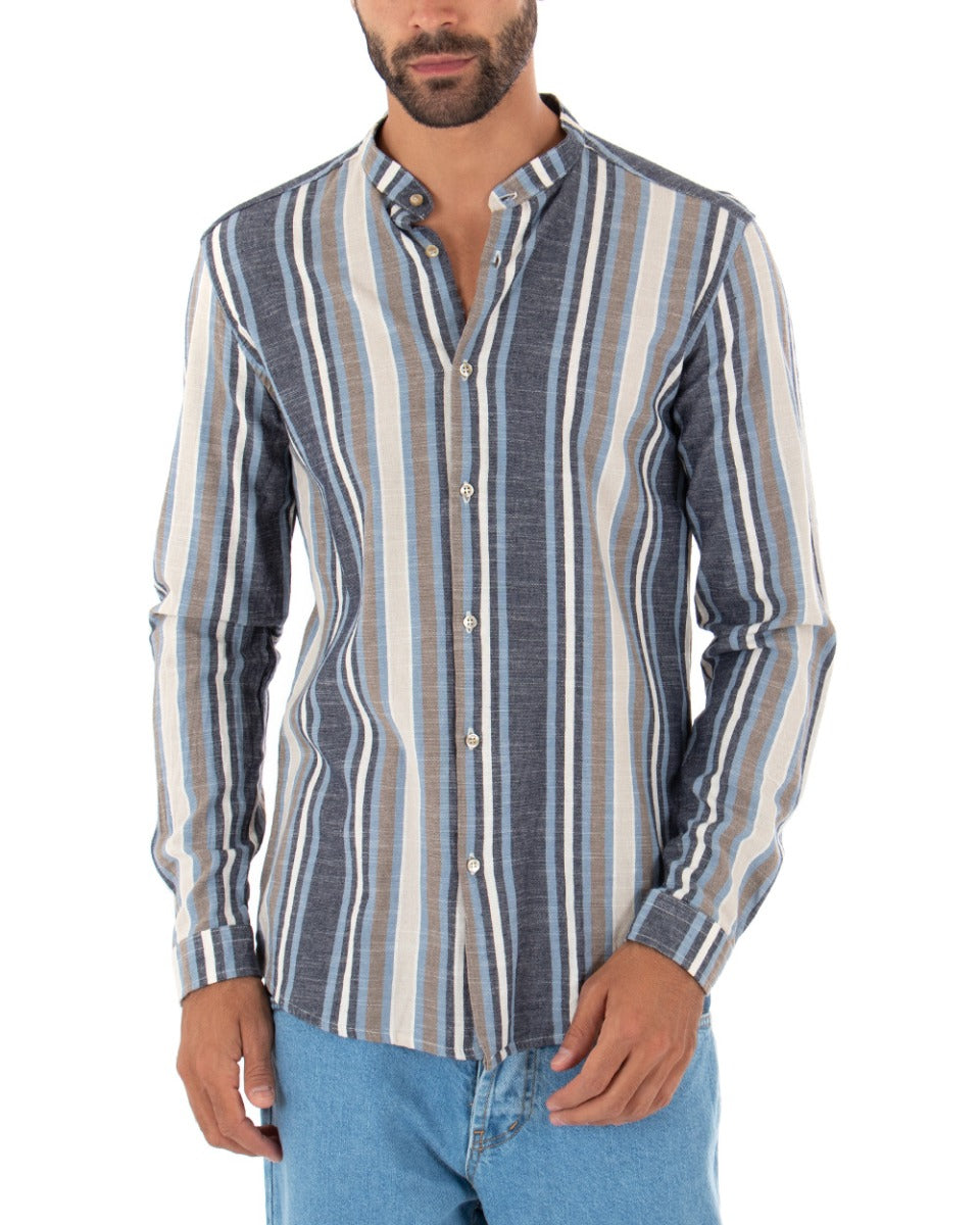 Men's Shirt Korean Collar Long Sleeve Linen Striped Tailored Blue GIOSAL-C2342A