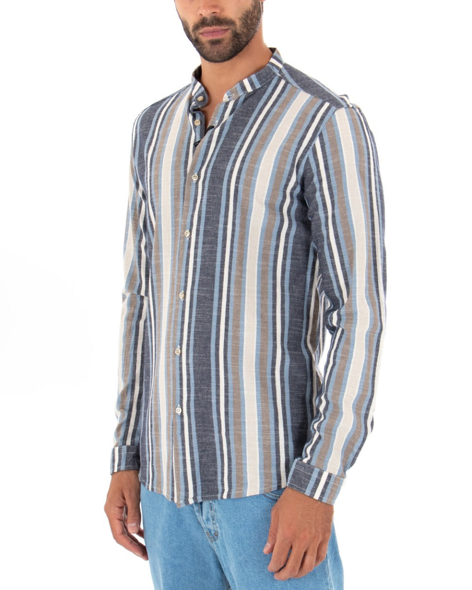 Men's Shirt Korean Collar Long Sleeve Linen Striped Tailored Blue GIOSAL-C2342A