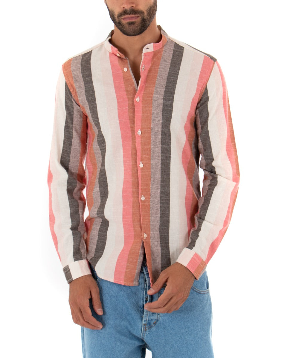 Men's Mandarin Collar Shirt Long Sleeve Linen Striped Coral Tailored GIOSAL-C2343A