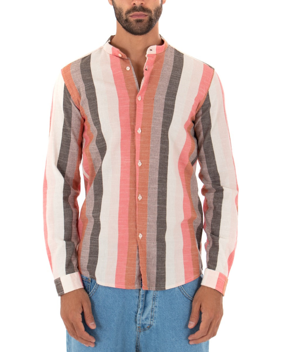 Men's Mandarin Collar Shirt Long Sleeve Linen Striped Coral Tailored GIOSAL-C2343A