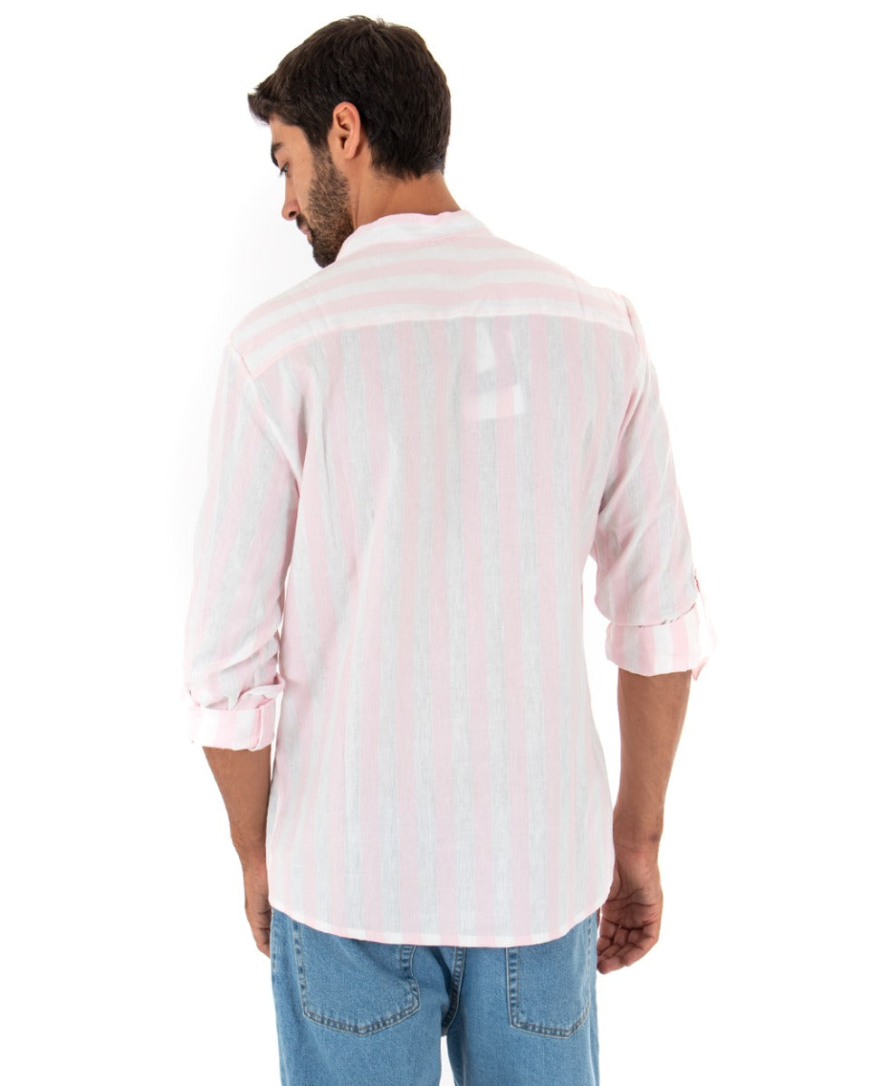 Men's Mandarin Collar Shirt Long Sleeve Striped Linen Pink GIOSAL-C2344A