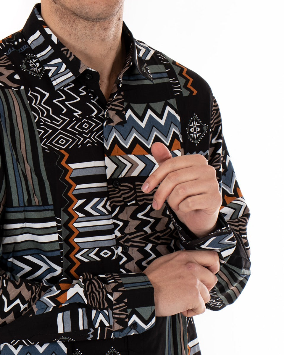 Men's Shirt With Collar Long Sleeve Soft Viscose Black Geometric Pattern GIOSAL-C2352A