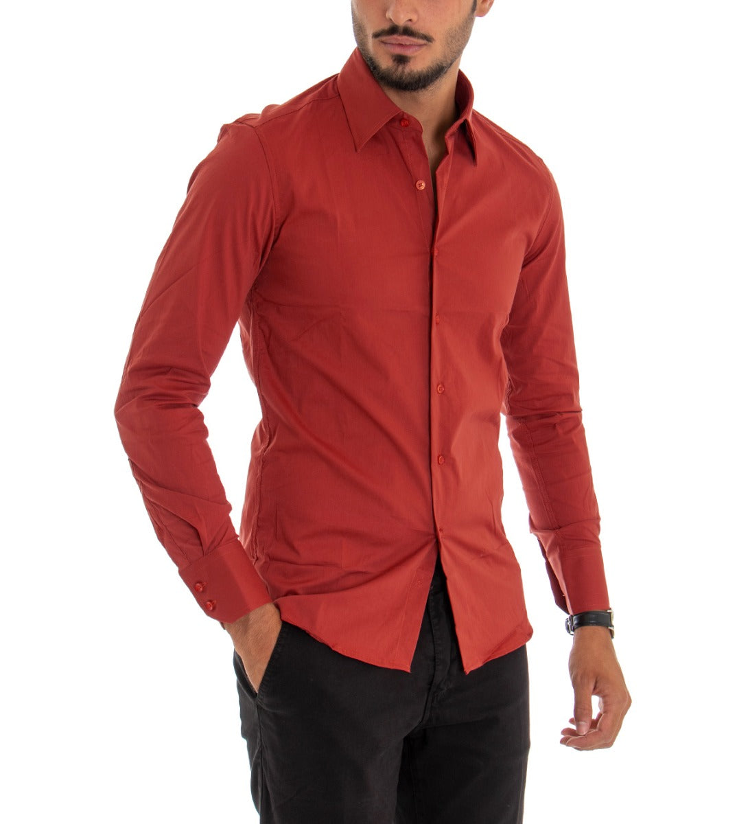 Camicia Uomo Con Colletto Manica Lunga Slim Fit Basic Casual Cotone Rosso GIOSAL-C2357A
