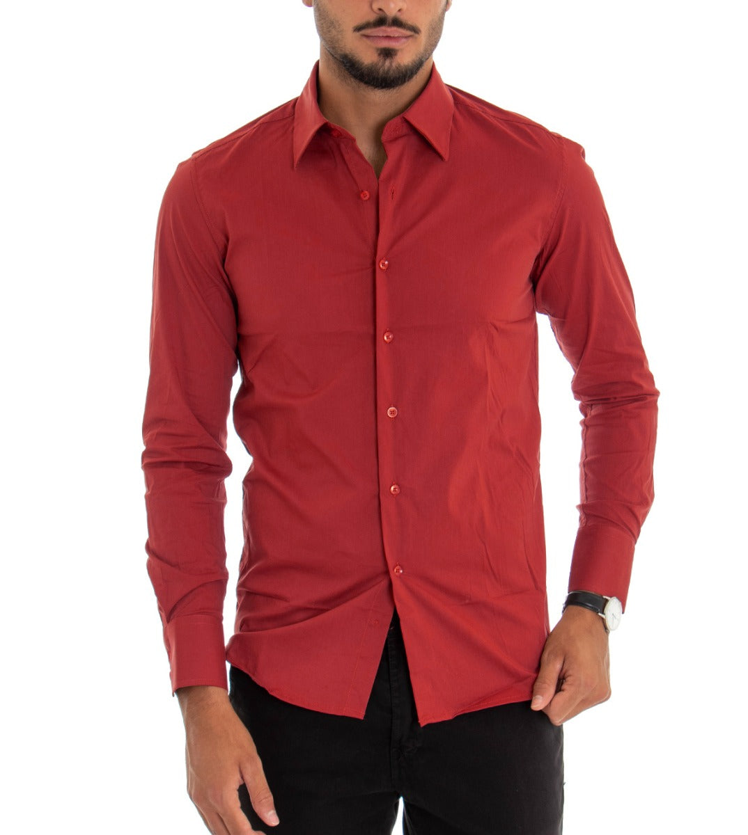 Men's Shirt With Collar Long Sleeve Slim Fit Basic Casual Cotton Red GIOSAL-C2357A