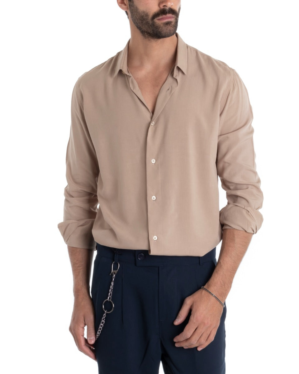 Men's Tailored Shirt With Collar Long Sleeves Basic Soft Viscose Beige GIOSAL-C2358A