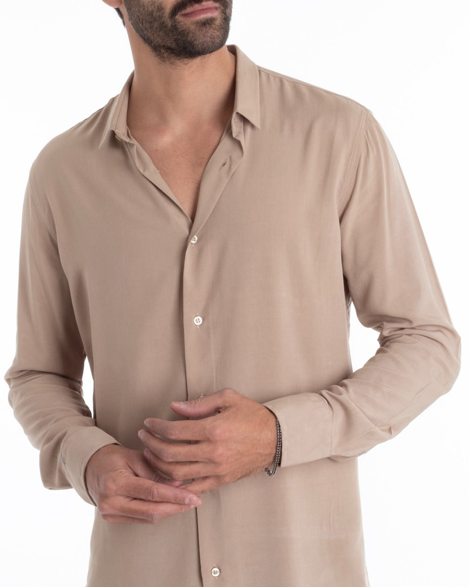 Men's Tailored Shirt With Collar Long Sleeves Basic Soft Viscose Beige GIOSAL-C2358A