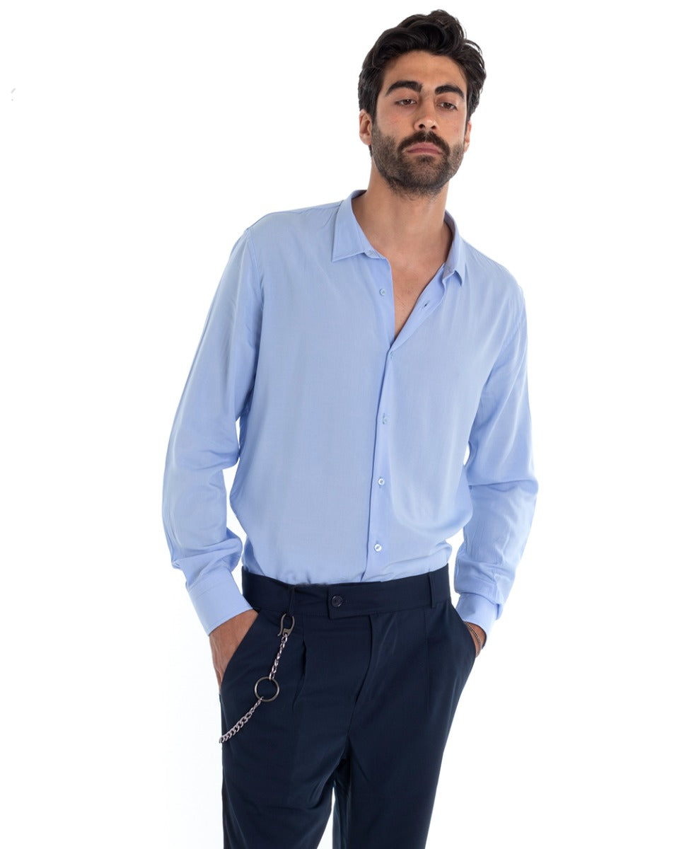Men's Tailored Shirt With Collar Long Sleeve Basic Soft Viscose Light Blue GIOSAL-C2359A