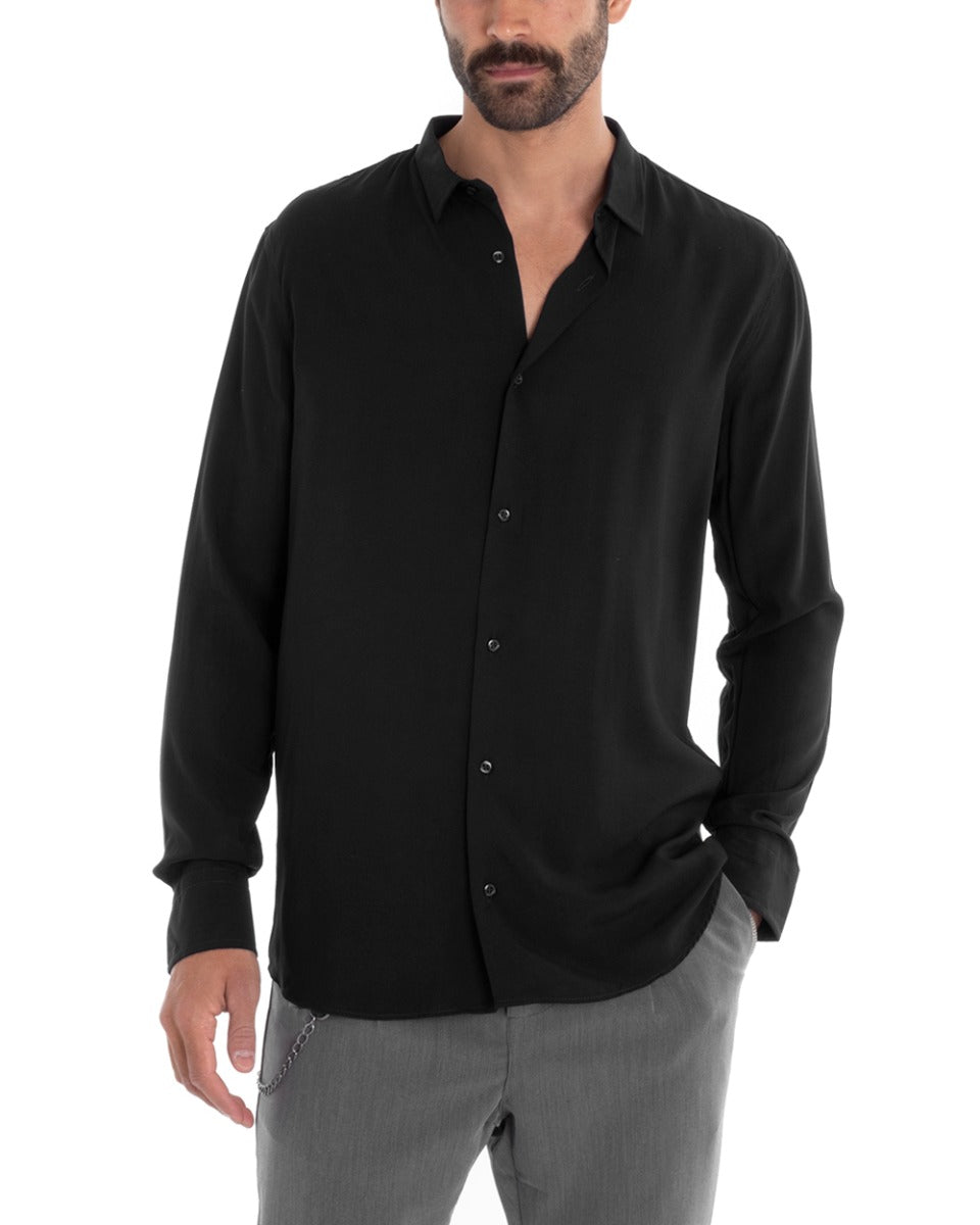 Camicia Uomo Sartoriale Con Colletto Manica Lunga Basic Viscosa Morbida Nero GIOSAL-C2360A