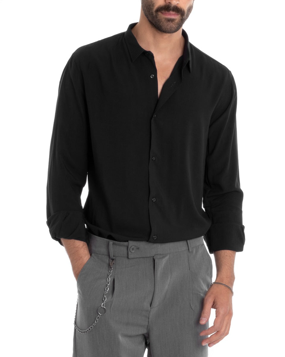 Men's Tailored Shirt With Collar Long Sleeve Basic Soft Viscose Black GIOSAL-C2360A